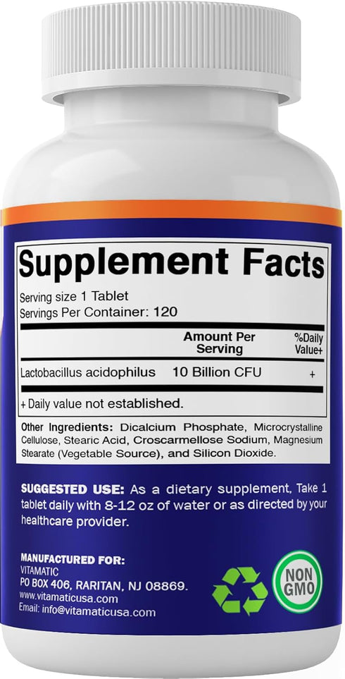 Vitamatic Acidophilus Probiotic - 10 Billion CFU - 5X Potency - Daily Probiotic Supplement, Supports Digestive Health - 120 Tablets...