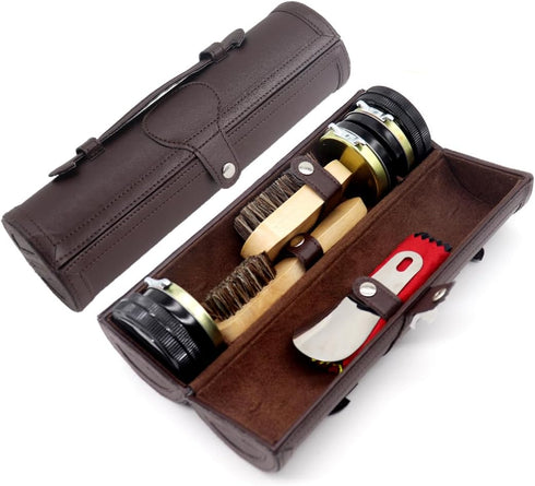 Shoe Shine Kit with PU Leather Sleek Elegant Case, Travel Shoe Shine Brush kit 12-Piece...