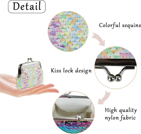 FuninCrea Coin Purse 2 Pieces, Nylon Coin Purses for Women and Girls, Colorful and Double Sided Sequin Coin Wallet, Mini Purse with Kiss Lock for ...