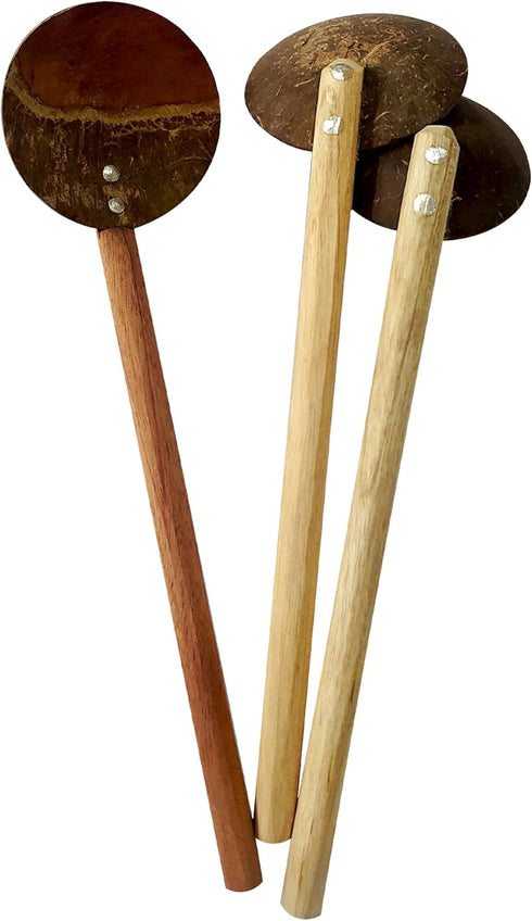 10"" Handmade Coconut Shell Spoon Set - 3-Pack, Strong Teak Wood Handle, Sustainable Srilankan Kitchen Utensils, Eco-Friendly Cooking Tools for He...
