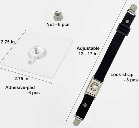 3 Pack Child Safety Strap Locks, Baby Proofing Multi Use Latches, Adhesive No Drill, Heavy Duty Adjustable Length Strap with Rotating Release Buck...