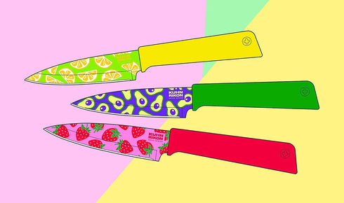 KUHN RIKON Colori+ Non-Stick Straight Paring Knife with Safety Sheath, 4 inch/10.16 cm Blade, Funky Fruit Strawberry...
