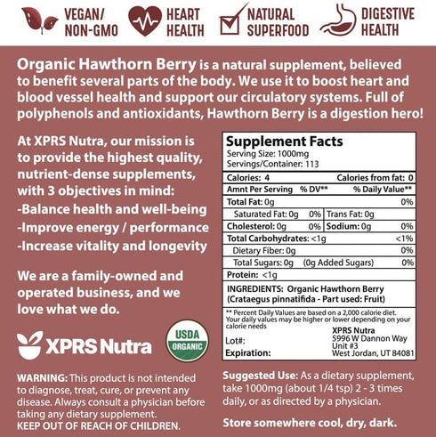 XPRS Nutra Organic Hawthorn Berry Powder - Premium USDA Organic Hawthorne Berry Powder for Cardiovascular Support - Vegan Friendly Hearth Health S...
