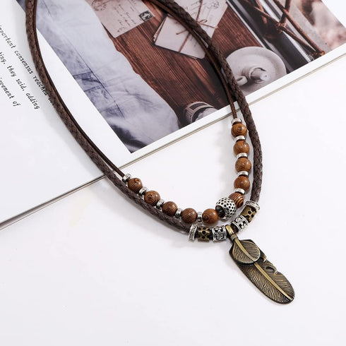 Men Leather Necklace Vintage Style Double Layers Braided Leather Tribal Necklace Boho Hipppie Beaded Artificial Feather Pendant Necklace for Daily...