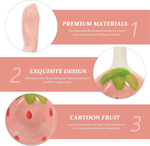 Housoutil 2PCS Strawberry Spoons, Cute Ceramic Soup Spoons, Porcelain Spoons with Long Handle for Breakfast Cereal Rice Yogurt Appetizers and Dess...