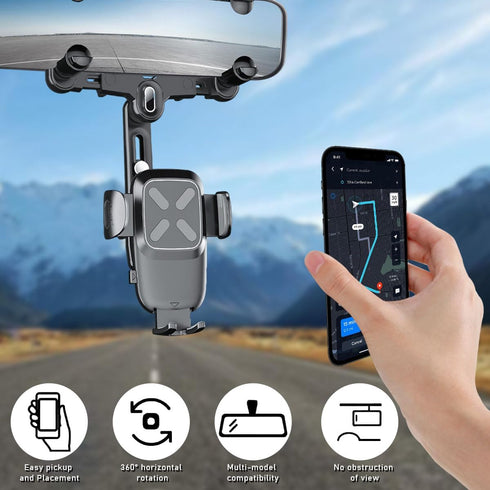 Rear View Mirror Phone Holder, 360° Rotatable Retractable Rearview Mirror Phone Mount, Multifunctional Adjustable Auto Phone Cradles for All Smart...