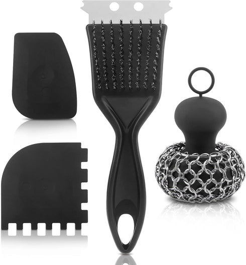 4pcs Cleaning Tool, Stainless Steel Cast Iron Skillet Cleaner, Cast Iron Scrubber Kit,Chainmail Scrubber with Scraper Tool for Cast Iron Pans, for...