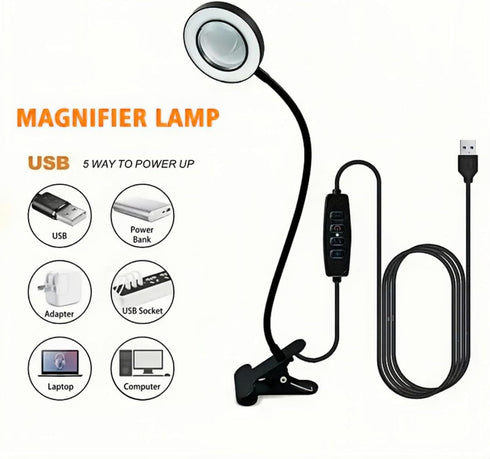 Magnifying Glass with Light and Stand 10X, Craft Lamp Adjustable Gooseneck Clip on light 12W 3 Colors Dimmable LED Desk Lamp for Reading, Working,...