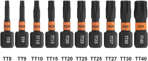 Railer Tamper Proof Torx Bit Set - Premium S2 Steel 1 Inch Impact Driver 10pc 6 Star Bit Set With A Tool Storage Bit Holder & Carabiner...