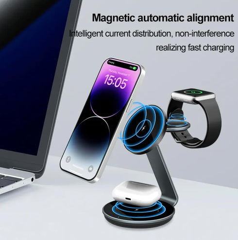 FigurX 3 in 1 Magnetic Wireless Charging Station, Mag Safe Aluminum Alloy Charger Stand for iPhone 15/14/13/12 Series, Apple Watch, AirPods Pro (U...
