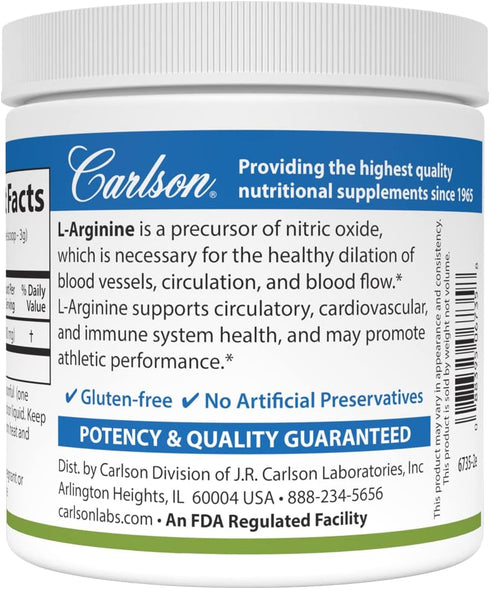 Carlson - L-Arginine Powder, Free-Form Amino Acid, Circulatory Health, 3.53 oz (100 g)...