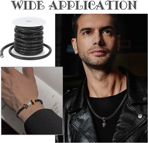 PH PandaHall 4.4 Yard 5mm Round Folded Bolo PU Braided Leather Cord Bolo Tie for Necklace Bracelet Jewelry Making Black...