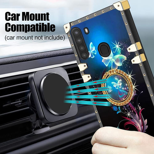 Case for Galaxy A21, Phone Case for Samsung A21 Girls Women Butterfly Black Fantasy Square Case with Ring Stand Lanyard Drop Protector Cover for S...