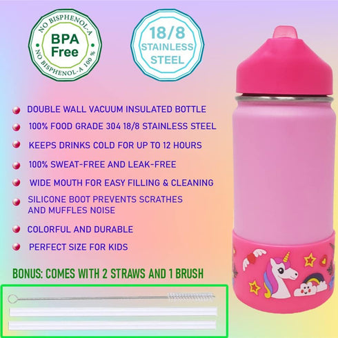 12 Oz Kids Stainless Steel Unicorn Pink Water Bottle with 2 Pack Straws and 1 Stainless Brush - Eco-Friendly - BPA Free - by F-32 Signature Collec...