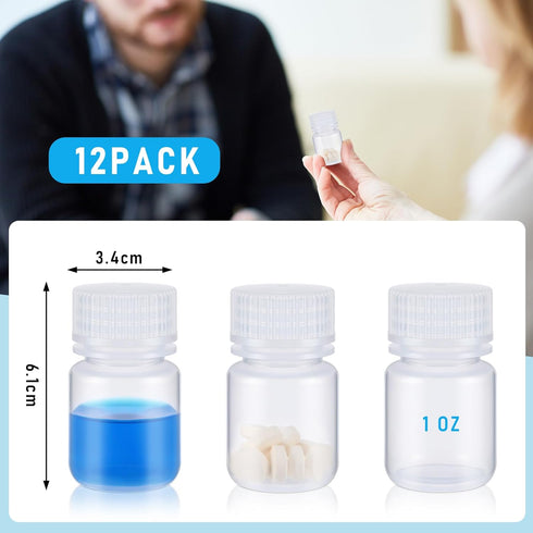 Tatuo 12 Pcs 1oz Pill Bottle Sample Bottles Polypropylene Wide Mouth Reagent Bottle Plastic with Screw Caps Translucent PP Sample Containers with ...