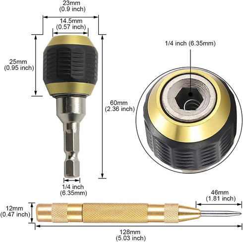 2 Pcs Self-Locking Drill Bit Holder 60mm Length Extension Rod Screwdriver 1/4 Inch Hex Shank Quick Release Chuck Adapter Connector Power Drill Too...