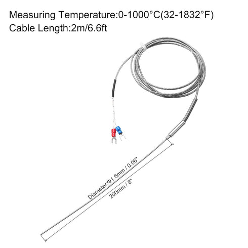 MECCANIXITY K Type Thermocouple Temperature Sensor Probe 1.5x200mm 6.6ft Wire 0 to 1000°C(32 to 1832°F) Stainless Steel...
