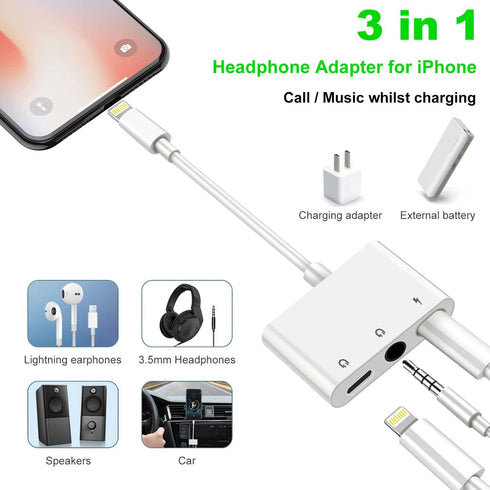 3 in 1 Headphone Adapter for iPhone, Lightning to 3.5 mm Headphone Jack Adapter, Lightning Audio & Charging Adapter Dongle Cable Splitter Compatib...