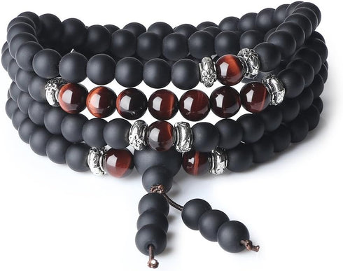 COAI Tibetan 108 Mala Beads Red Tiger Eye Matte Onyx Stone Wrap Bracelet Necklace...