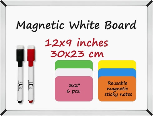 White Board Set - 12 x 9" Dry Erase Board with 2 Dry Wipe Off Markers and 6 Magnetic Labels - Double-sided Wall Hanging Whiteboard for Home and Of...