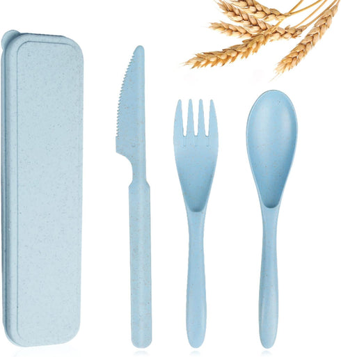 Reusable Travel Utensils Set with Case, Blue Wheat Straw Portable Knife Fork Spoons Tableware, Eco-Friendly BPA Free Cutlery for Kids and Adults a...