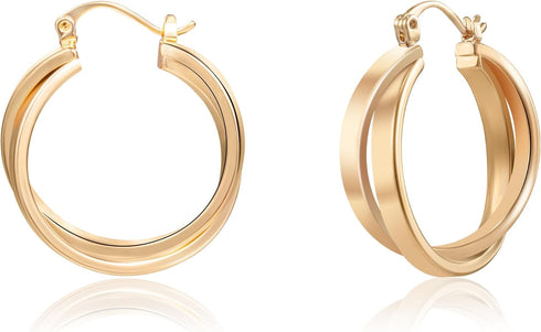 Chunky Gold Hoop Earrings For Women - 14k Gold Plated Geometric Double Hoop Statement Earrings, Hypoallergenic Earrings For Women, Gold Jewelry Fo...