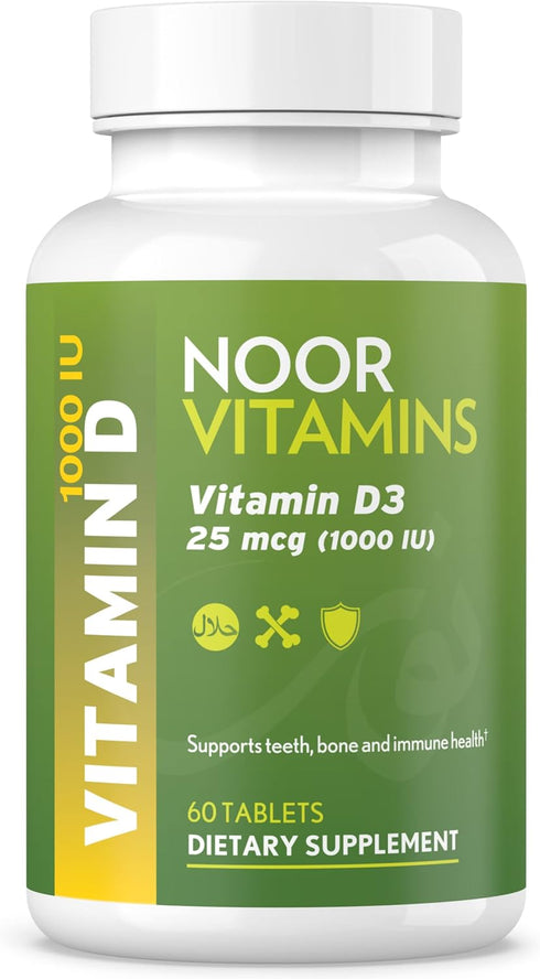 Noor Vitamins Halal Vitamin D, Halal Vitamin D3, 1000 IU Tablets, Supports Bone, Immune & Heart Health, Non-GMO, Gluten Free & Halal (60 Count)...