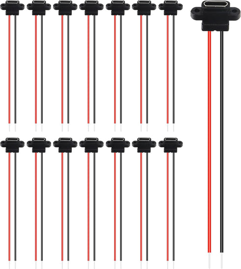 15PCS Type-C Female Chassis Waterproof Connector 2P Solder Wire Type USB C Pigtail Cable Extension Power Cable USB-C Plug to 2 Pin Bare Wire Open ...