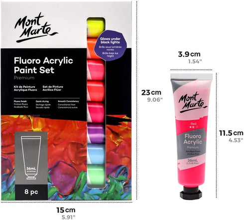 Mont Marte Fluoro Acrylic Paint Set, 8 x 1.02oz (36ml) Tubes, 8 Colors, Suitable for Most Surfaces Including Canvas, Card, Paper and Wood...
