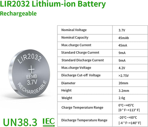 EEMB 10PCS LIR2032 Rechargeable Battery 3.7V Lithium-ion Coin Button Cell Batteries 45mAh 2032 Rechargeable Battery...
