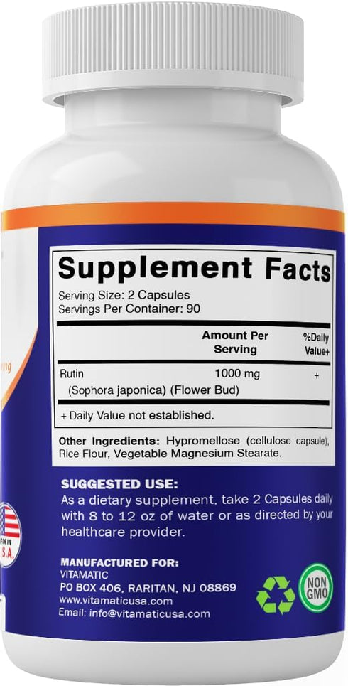 Vitamatic Rutin 1000mg Supplement, 90 Servings, Bioflavonoid, Free Radical Scavenger, Non-GMO, Gluten Free, Vegetarian...