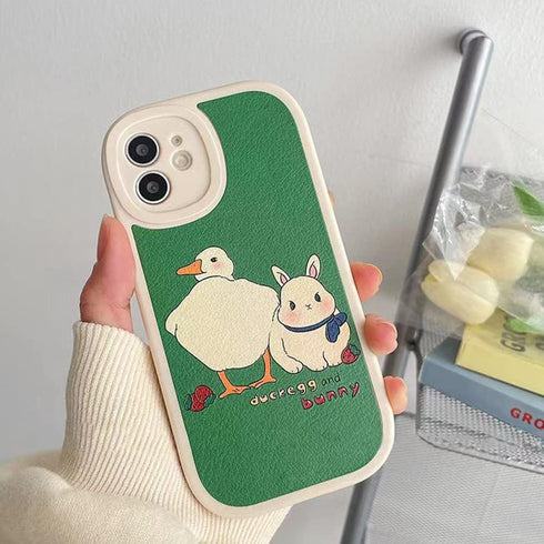 Casechics Compatible with iPhone Case,Cute Kawaii Bunny Duck PU Leather Bumper Camera Lens Protection Soft Shockproof Cover Phone Case (Green,iPho...