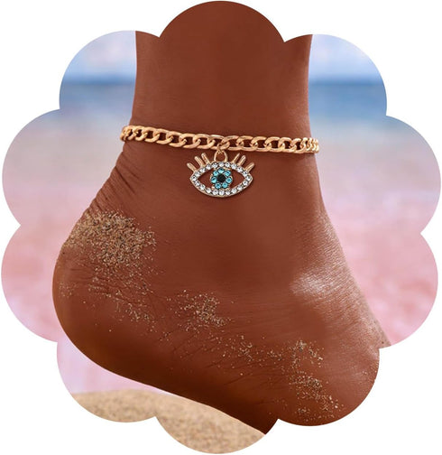 Evil Eye Ankle Bracelet Gold Plated Cuban Link Chain Anklet Cubic Zirconia Diamond Evil Eye Anklet Summer Beach Demon Eye Ankle Chain Turkish Luck...