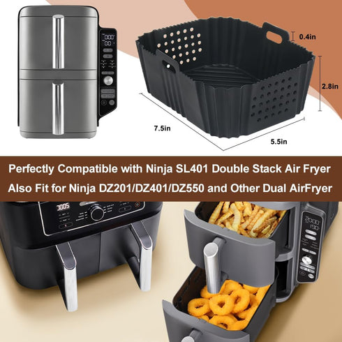 BYKITCHEN Air Fryer Silicone Liners for Ninja SL401 Double Stack 2 Basket Air Fryer, Reusable Rectangle Perforated Silicone Liners for Dual Air Fr...