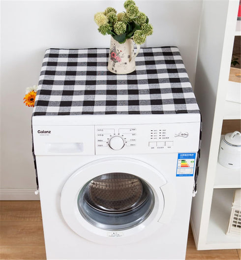 Ammsochy Washing Machine Cover Dust Oil Proof Dryer Top Loader Cloth with Side Storage Pockets Cotton Linen Kitchen Refrigerator Appliance Protector (Black-White grids)