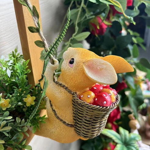 Outdoor Statues for Garden: Bunny Sculpture with Hanging Hemp Rope Animal Rabbit Outside Adorable Patio Balcony Yard Decor Patio Gifts for Women M...
