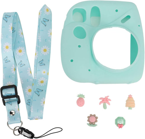 for Instax Mini 7 Plus Camera Silicone Case, Camera Soft Silicone Protective Cover with Adjustable Shoulder Strap (Blue Plant)...