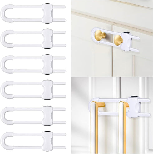6 Packs Sliding Cabinet Locks, Modacraft Baby Proofing U-Shaped Child Safety Latches Adjustable White Locks for Handles Knobs Drawers Closet Cupbo...