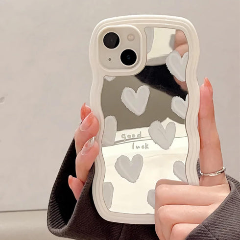 LSL Compatible with iPhone 13 case Cute Heart Mirror Curly Wave Frame Shape Slim Silicone Shockproof Protective Cover Case for iPhone 13 Women Gir...