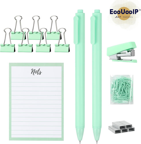 EooUooIP Desk Accessories Binding Set,Practical and Beautiful Green Office Supplies Set,Stapler Hole Puncher Paper Clips and Ballpoint Pen for Off...