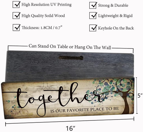 Family Art Decor Inspirational Quotes Wall Hanging Sign - Together is Our Favorite Place to Be - Motivational Home Art Decor Wood Plaque Sign 16"x...