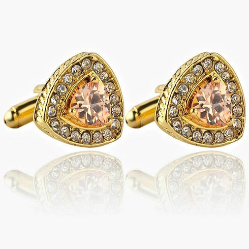 V & L Gold Crystal Cuff links Yellow – Fancy Unique Elegant Sparkling Luxury Gem Stone Cufflinks for men in Triangle - Perfect for Wedding, Formal...