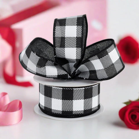 1.5" Black and White Checked Plaid Ribbon - Craig Bachman Black White Buffalo Checked Ribbon (RG0179902) 1.5" x 10 Yards...