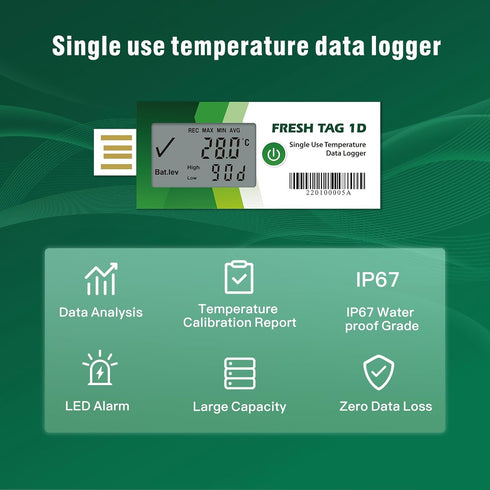 Freshliance Temperature Data Logger LCD Single Use with PDF Report 7Days 1Pack Fresh Tag1D...