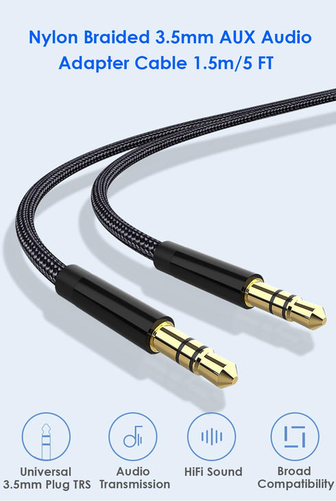 3.5mm Aux Audio Cable 5ft, Nylon Braided Auxiliary Cord, Stereo Audio Jack Adapter Cable for Headphone, Car Audio, Laptop, Smartphone, Home Stereo...