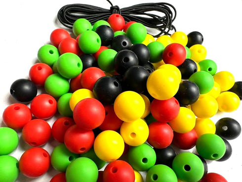 120 Pcs Silicone Rubber Beads Mixed Colors: 120 Beads + 5m Elastic Rope 12mm for Keychain, Bracelets, Necklaces. Green, Yellow, Red, Black. Reggae...