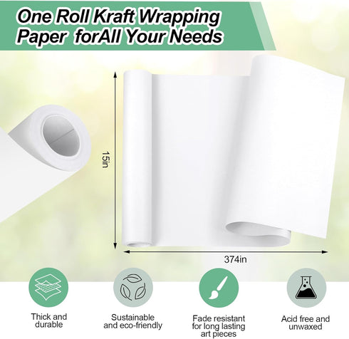 Phinus Craft Paper Roll 15''×374'', Industrial-Grade Kraft Paper Roll, White Easel Paper Roll for Kids for Moving, Gift Wrapping, Wall Art, Table ...