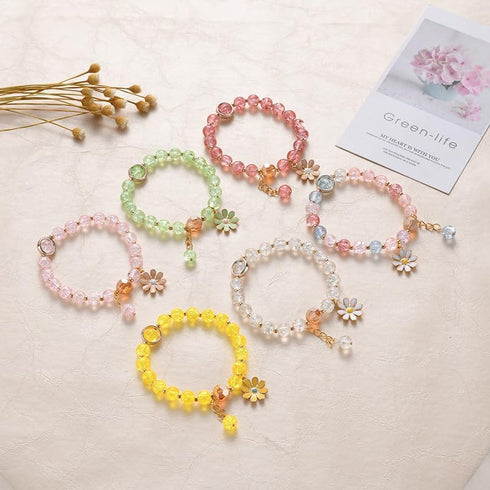 Colorful Flower Charm Bracelet - Boho Daisy Accessory with Crystal Beads Bracelet for Women Girls...