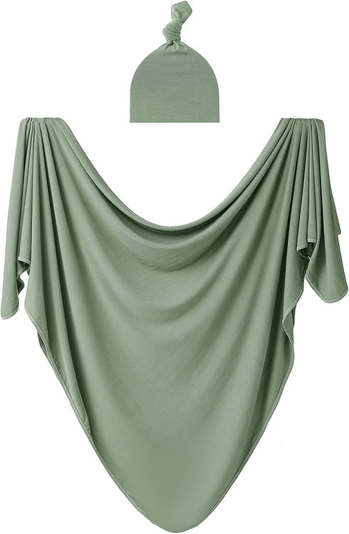 Large Rayon Jersey Knitted Swaddle Blanket for Baby, Soft Stretchy Receiving Blanket for Newborns with Hat, Large 47 x 47 inches (Sage)...