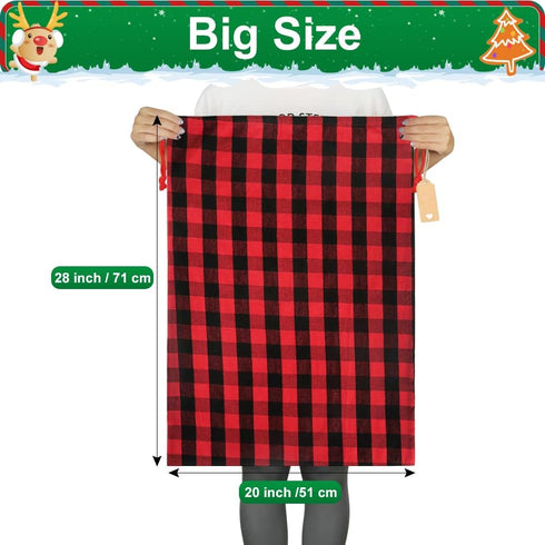 HRX Package 2pcs Cotton Santa Bag, 28x20 inch Plaid Fabric Drawstring Christmas Bags, Reusable Cloth Wrapping Bag with Gift Tag for Xmas Presents...